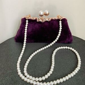 Handmade Real Shearling Pearl Kisslock Clutch/Wristlet/Evening Bag/Crossbody